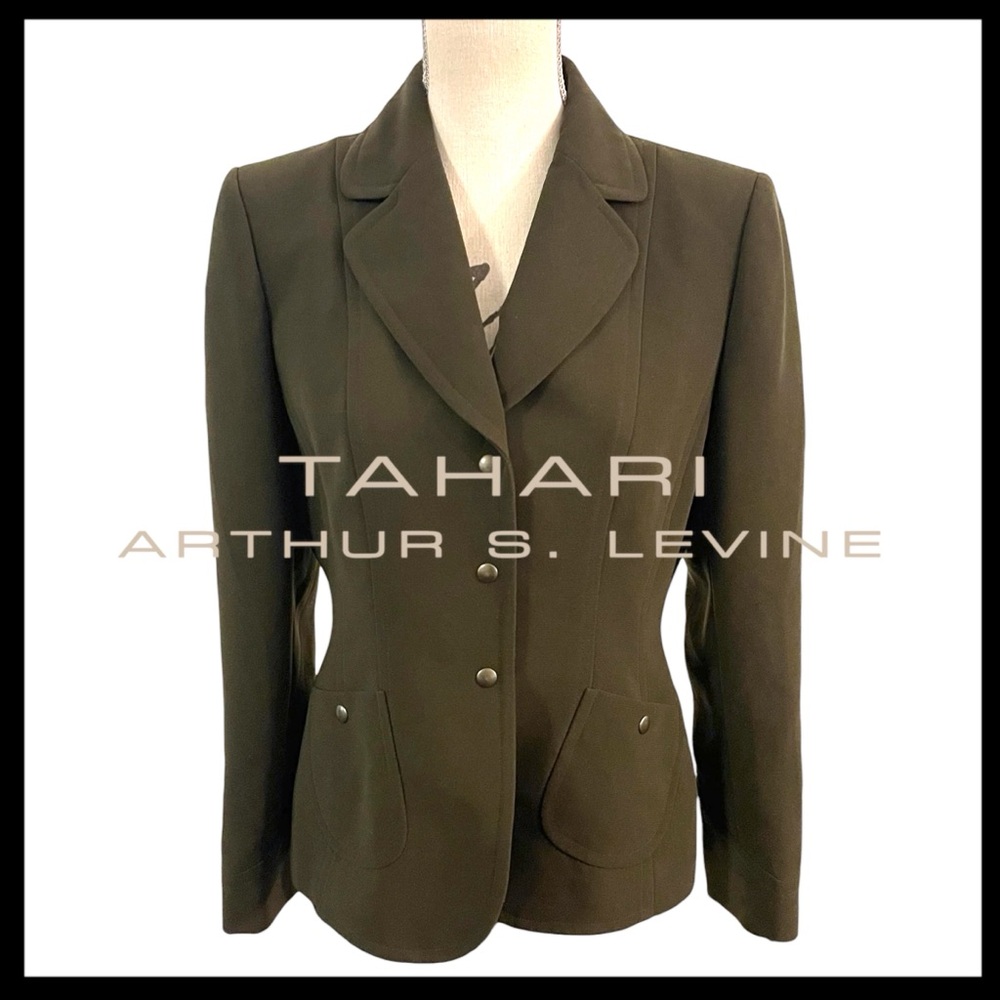 Tahari ASL Olive Green Snap Closure Blazer Jacket (8P)